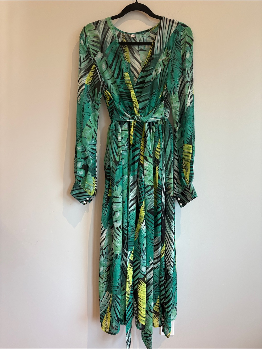 Green Leaf Print Wrap Dress